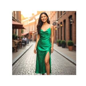 Paper Heart‎ Green Slip Dress Poka Dots Cocktail Satin Sexy Feminine Women SZ XS